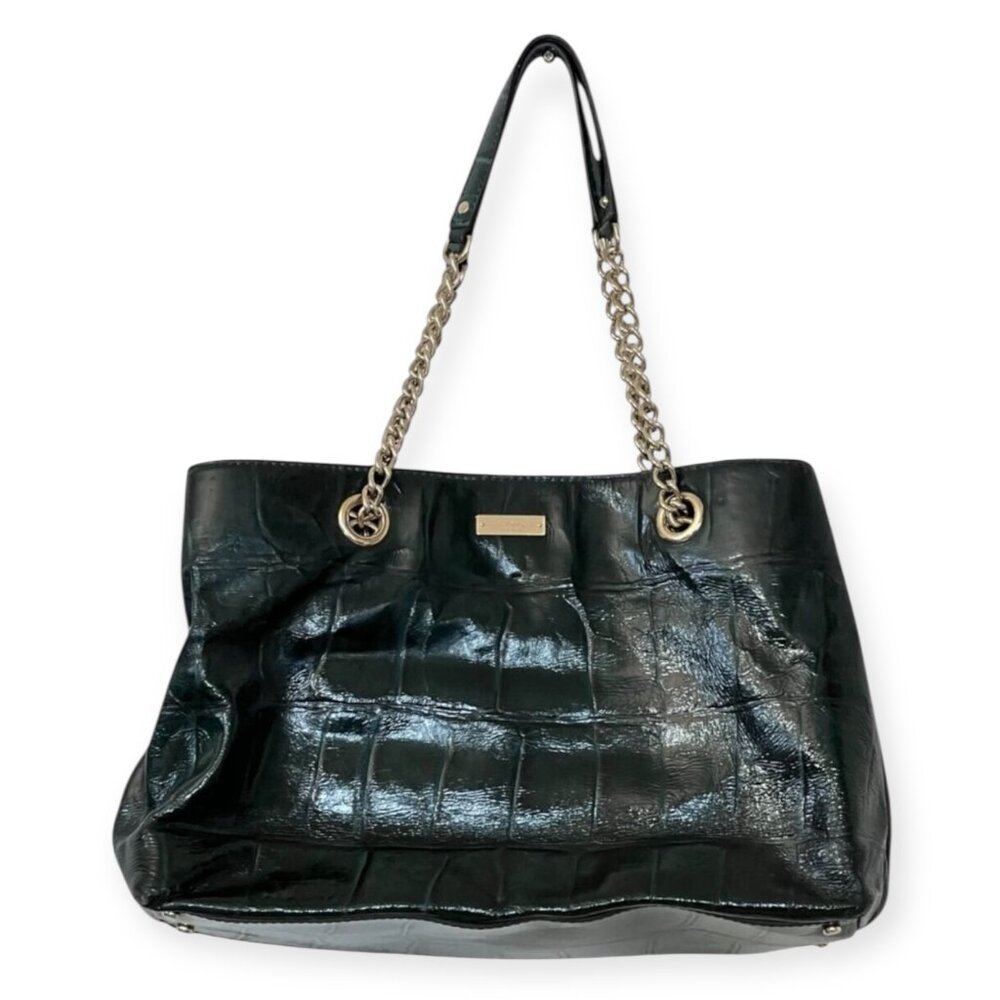 kate spade Green Croc Embossed Leather Tote Bag Chain Strap Purse Shoulder